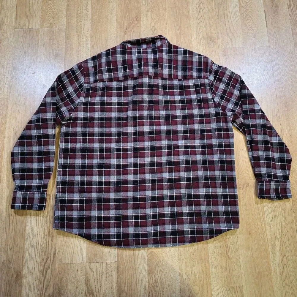Vintage Haband Casual Joe Flannel Shirt Mens XL Burgundy Black Plaid Pearl Snap
